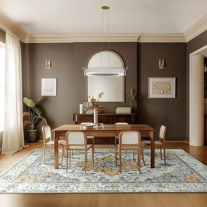 Area Rugs Square 10ft Washable Non-Slip, Floral Vintage Distress Print Pattern Medallion Carpet for Living Room Bedroom Dining Room, Light Yellow Carbon Grey Orange