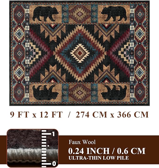 YIHOUSE Rustic Cabin Area Rug 9x12, Lodge Wildlife Bear Washable Large Area Rug, Southwestern Rustic Rugs for Living Room
