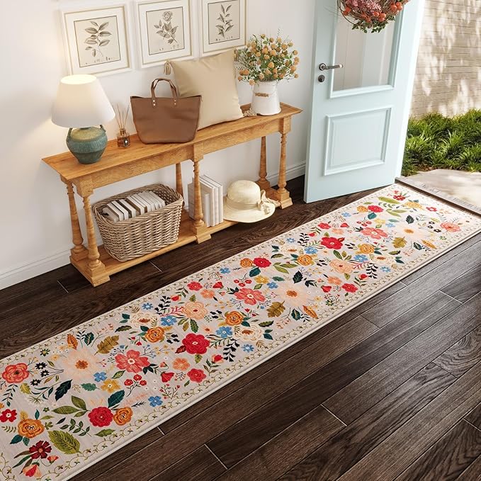 Rugcomf Runners for Hallways Kitchen Runner Rug Non Slip 2'x 10' Long Washable Rugs with Rubber Backing Soft Floral Carpet Runner for Hallways, Kitchen, Laundry, Bedroom, Bathroom(Beige)