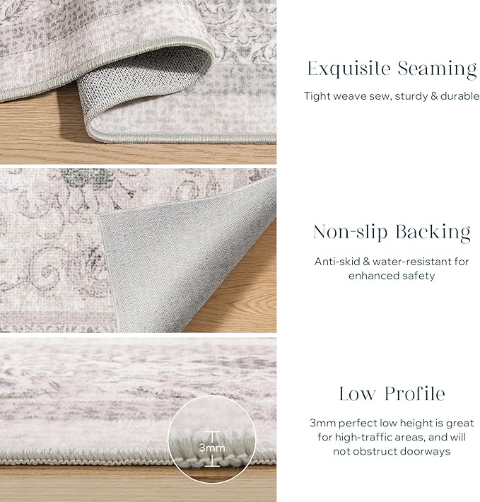Phantoscope Washable Runner Rug 2'x6' Non-Slip, Vintage Neutral Hallway Rugs for Entryway, Stair, Bedroom, Distressed Boho Floral Medallion Pattern, Low-Pile Foldable Carpet, Cream Beige/Neutral