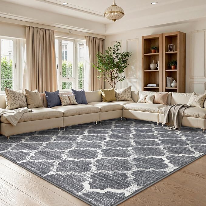 Lahome Moroccan Machine Washable Area Rugs - 5 x 7 Rugs for Living Room Non-Slip Lightweight Soft Carpet for Bedroom Throw Low-Pile Dining Room Rug, Grey Print Modern Rug for Office Kitchen Entryway