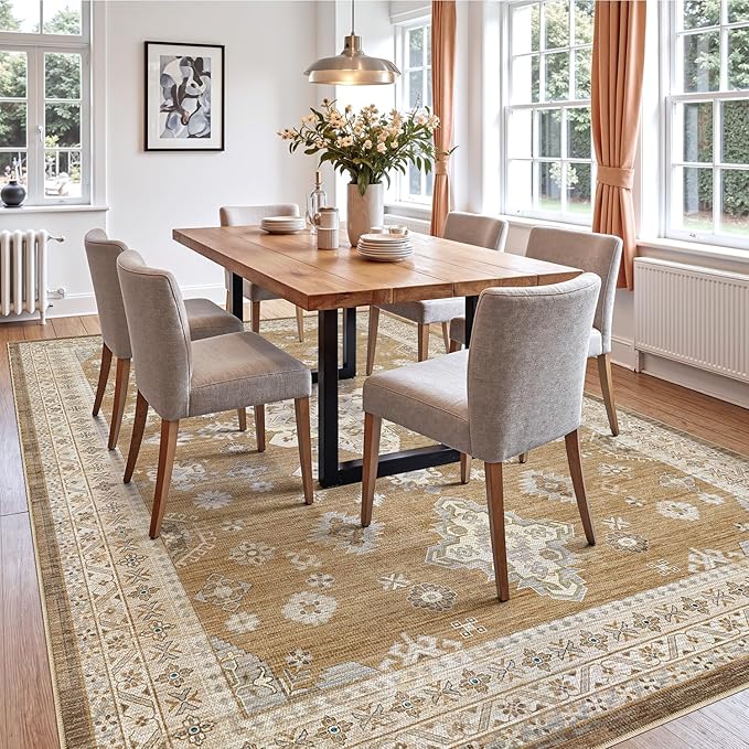 DEXI 5x8 Area Rug for Living Room, Washable Vintage Farmhouse Thin Rug Indoor Floor, Non Slip Stain Resistant Low Pile Carpet for Dining Room Bedroom Office, Light Brown