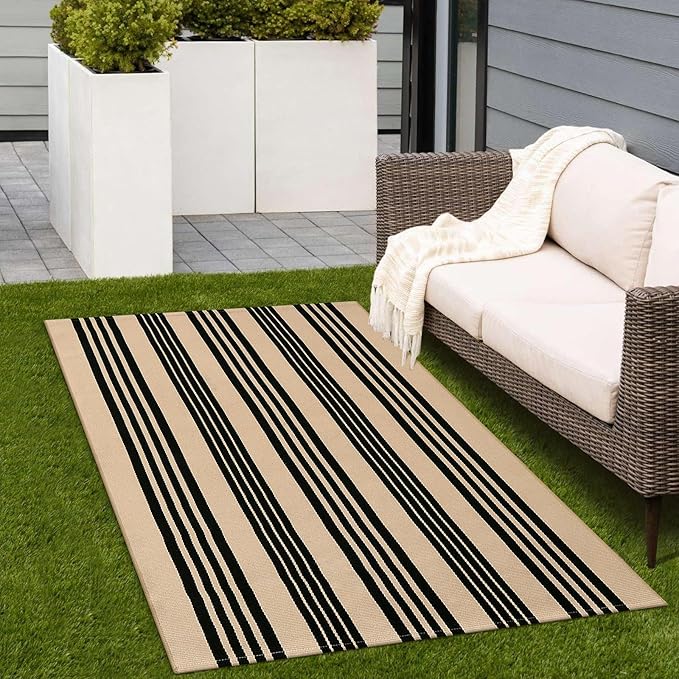 Black and Khaki Striped Rugs 3x5, Outdoor Cotton Hand Woven Front Door Mat,Washable Reversible Layered Door Mats, Foldable Front Porch Rug for Entryway/Home Entrance/Farmhouse