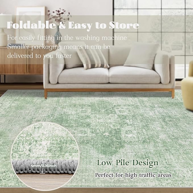 Area Rug 6x9 Washable Rug, Vintage Boho Medallion Rugs Non-Slip Soft Low Pile Large Distressed Rug Indoor Retro Carpet for Living Room Bedroom Dining Room Home Office (Sage Green, 6'x9')