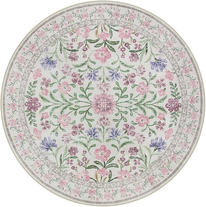 Wonnitar Floral Purple Round Area Rug 5ft, Soft Washable Kids Room Rug, Boho Ultra-Thin Non Slip Circle Carpet for Bedroom Girls Nursery Dorm Living Room Classroom, Light Purple/Pink