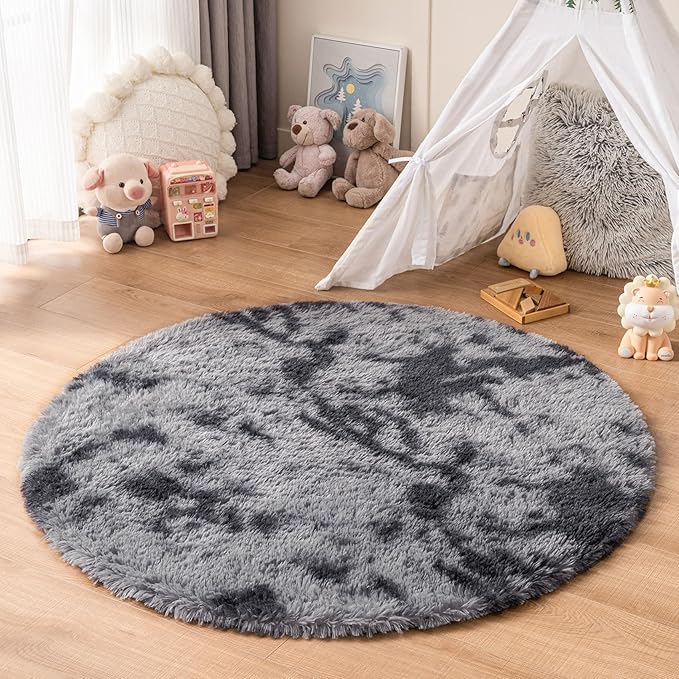 duduta Grey Plush Round Rug 4x4 ft, Tie Dye Gray Fluffy Shag Rugs for Bedroom Classroom Nursery Playroom Dorm Decor, Washable Non Slip