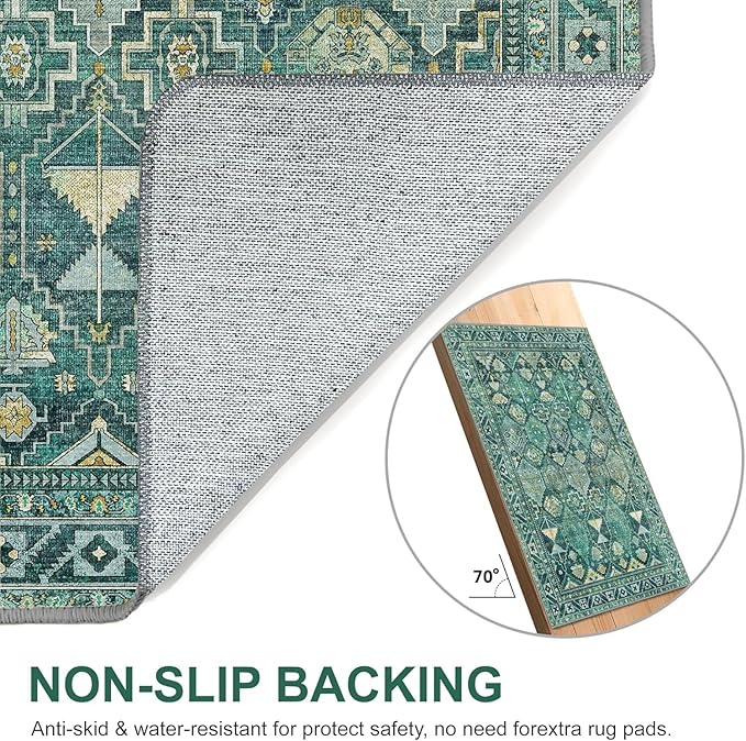 Bavni 2x3 Entryway Rug Bathroom Rugs for Front Door Bedroom Bathroom Kitchen, Washable Vintage Print Carpet, Ultra-Thin Chenille Lightweight Rug with Non Slip Backing, Dark Green