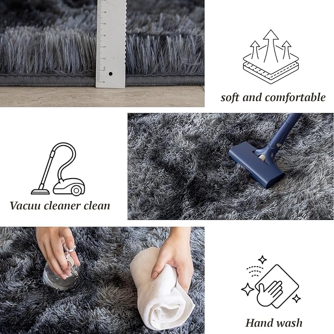 6x9 Area Rugs for Living Room Bedroom, Soft Fluffy Shaggy Bedside Rug, Indoor Floor Carpet for Kids Playroom, Dorms, Nursery Rooms, Home Decor (Tie-Dyed Dark Grey 6'x9')