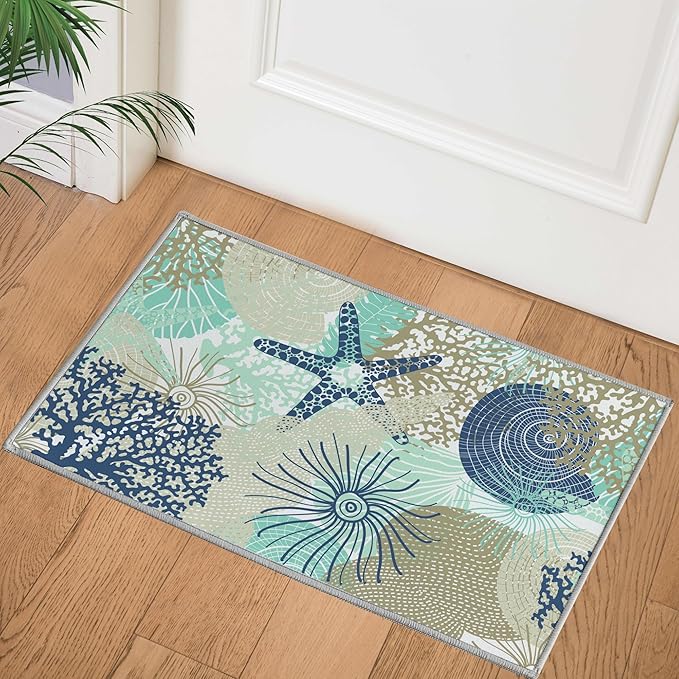 Tritard Coastal Area Rug 2x3 - Small Machine Washable Foldable Throw Rugs Non-Slip Beach Ocean Entryway Doormat Indoor Entrance Carpet for Kitchen Bathroom Laundry Bedroom Living Room, Navy