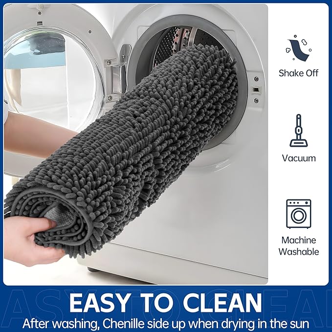Chenille Absorbent Front Door Mat 60" x 24", Dog Door Mat for Muddy Paws, Dirt Trapper Doormat, Mud Mat for Dogs, Washable Non Slip Outdoor Indoor Doormats for Entryway, Grey