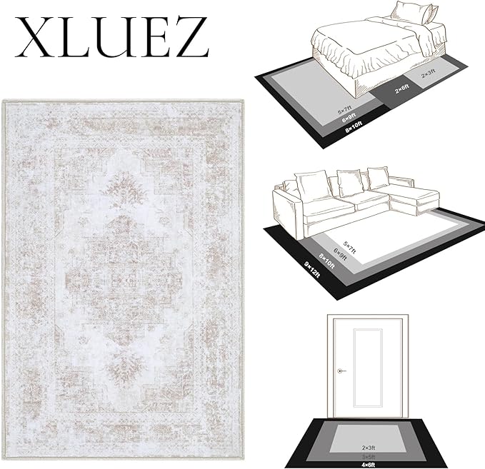Area Rug 4x6 Vintage Rug, Machine Washable Vintage Distressed Medallion Rug Non-Slip Soft Low Pile Large Indoor Rugs for Bedroom Kitchen Dining Room Office(Beige,4'x6')