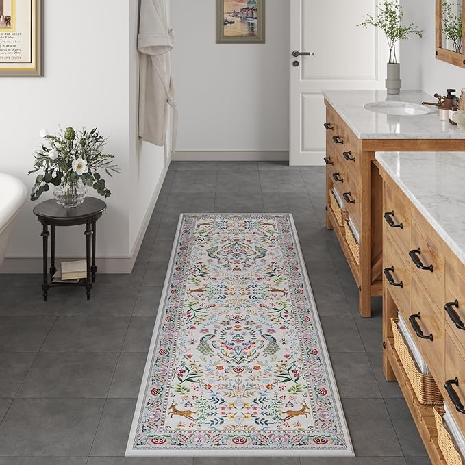 Rugcomf Runner Rug Washable Kitchen Runner 2'6''x8' Runner Rug for Entryway Indoor Floral Non-Slip Soft Carpet Runner for Hallways, Kitchen, Laundry, Bedroom, Bathroom(Colorful)