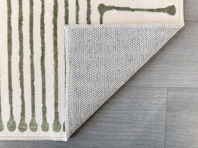 GLN Rugs Contemporary Collection - Machine Washable Area Rug, Contemporary Washable, Non Slip, Low Pile Chenille Rug, Living Room, Bedroom, Kitchen Rug (3' x 5' Green Beige)