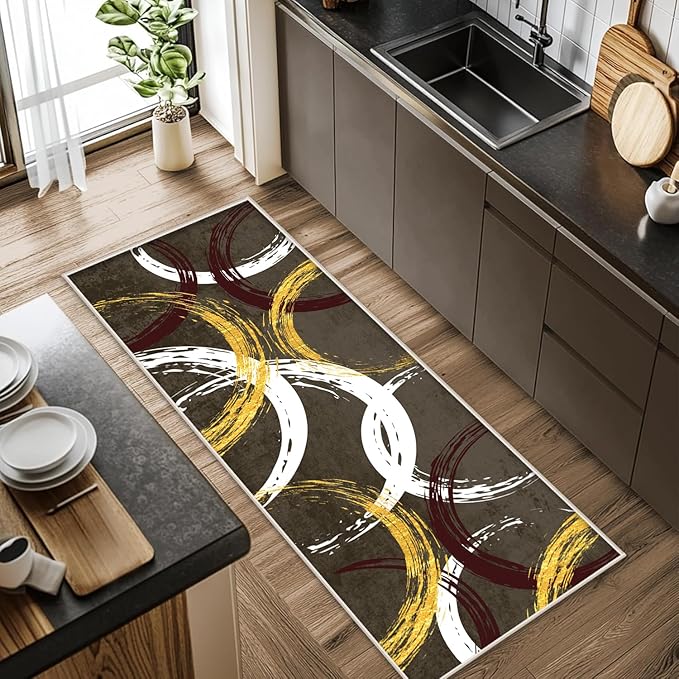 Gold White Red Circle Pattern Runner Rug, 1.3x7ft Washable Hallway Entrance Rugs - Corridor & Foyer Long Accent Rug, Modern Stylish Decor Carpet for Home Runner Non-Slip Mat