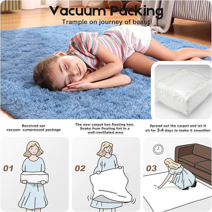 3x5 Blue Rugs for Bedroom Living Room, Fluffy Small Area Rug Soft Shag Carpet for Kids Boys and Girls Room with 4 Rugs Non-Slip Stickers Dorm Home Decor (3ft x 5ft)