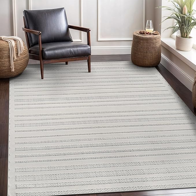 CAMILSON Modern Rug 5x7 Luxury Striped Line Micro Loop Area Rugs Soft High-Low Pile Stain Resistant Easy to Clean Non-Shedding Durable Living Room Bedroom Indoor Carpet (White)