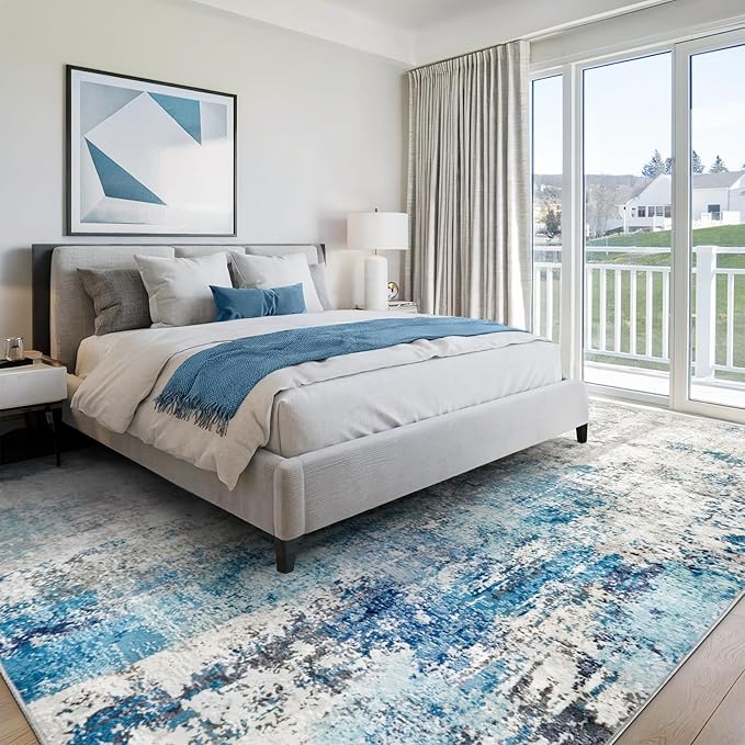 Area Rug for Living Room 10x14 - Extra Large Washable Neutral Modern Abstract Rugs, Soft Carpet with Non Slip Backing for Under Dining Room Table, Bedroom, Home, Office, Dorm - Blue Gray