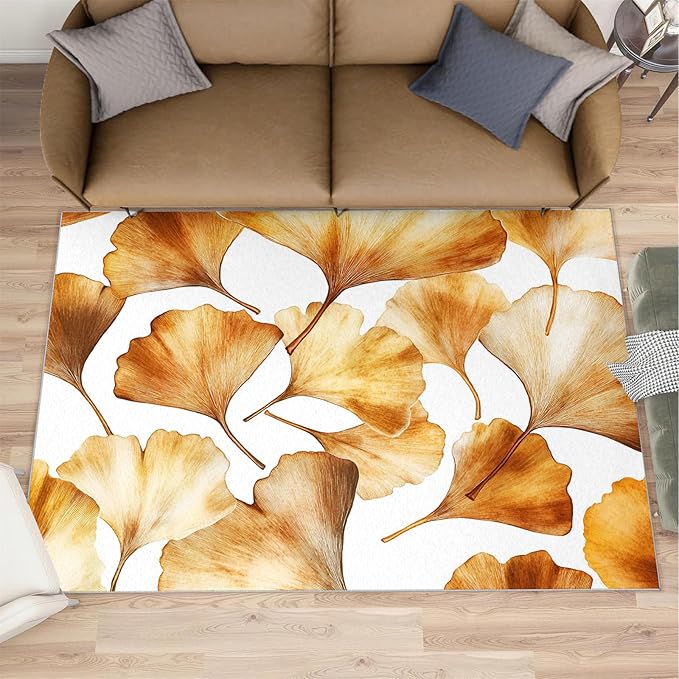 Golden Leaf Rugs for Bedroom - 3x5 Area Rug - 3D Ginkgo Leaf Rugs for Living Room, Modern Simple Art Rug, Non-Slip Washable Home Decor Carpet