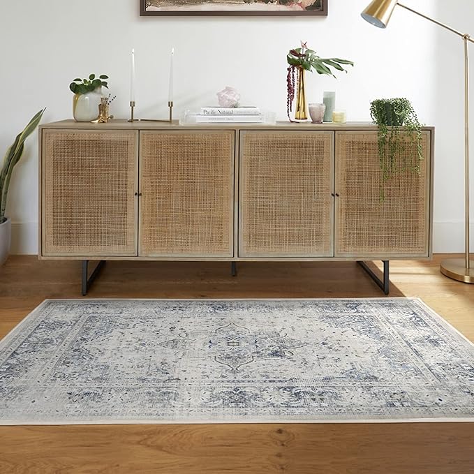 RUGGABLE Washable Vintage Area Rug – Sarrah Blue Quartz 4x6, Stain-Resistant, Non-Slip – Medium Machine Washable Rugs for Living Room, Bedroom, Hallway, Entryway & Office–with Cushioned Pad