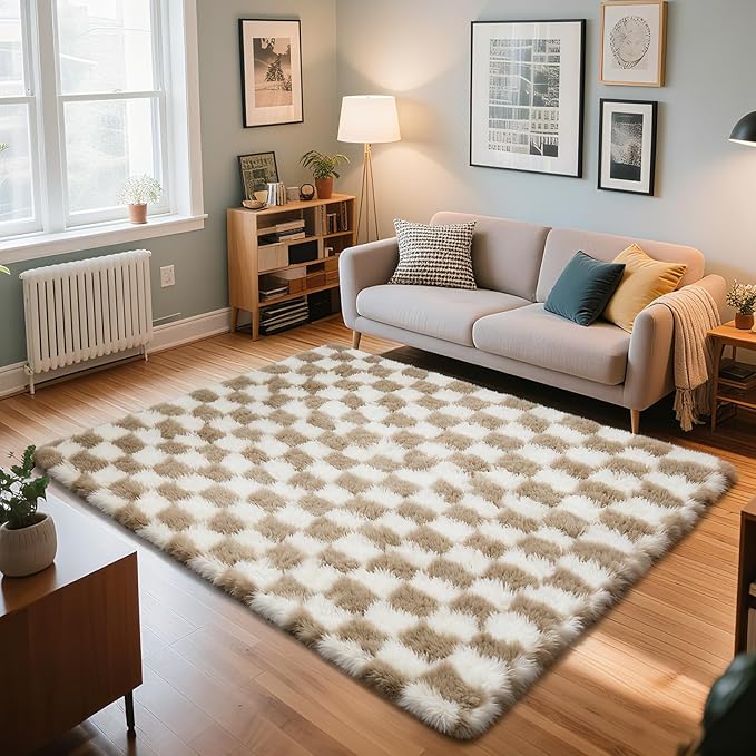Checkered Rug for Bedroom, 5x8 Beige and White Area Rugs, Classic Checkered Carpets Shaggy Area Rug, Bedside Rugs for Living Room Bedroom Kids Room Home Decor
