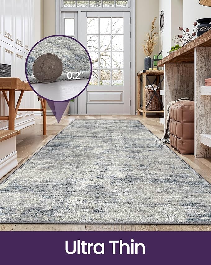 DEXI Hallway Runner Rug 3x8, Modern Abstract Non Slip Thin Soft Runners Carpet, Stain Resistant Washable Indoor Rug for Hallway Entryway Kitchen Laundry Room Living Room, Blue