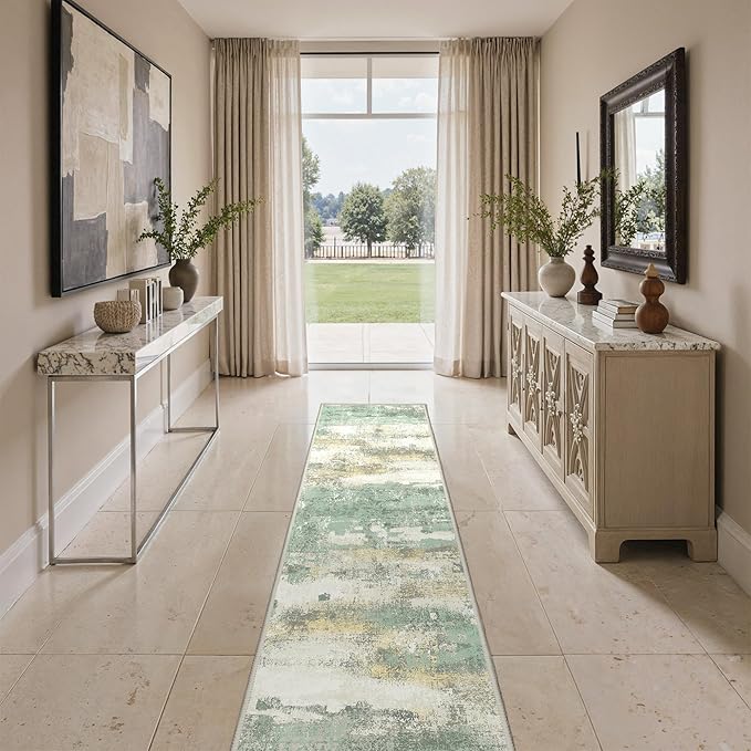 GENIMO Runner Rug Non Slip 2'6"x7', Washable Rug Runner for Hallways Kitchen, Abstract Modern Kitchen Rugs, Low Pile Lightweight Carpet Runners for Entryway, Bedroom, Laundry, Light Green