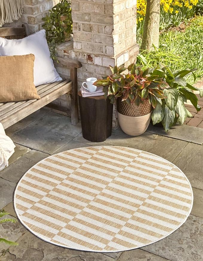 Unique Loom Outdoor Striped Collection Area Rug - Striped (7' 10" Round Taupe/Ivory)