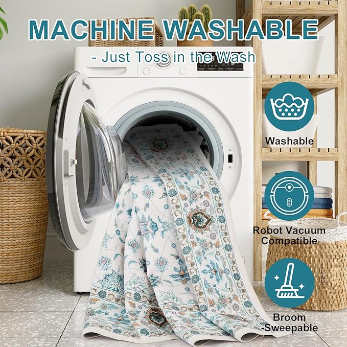 WILLSUN Washable Area Rugs, 6x9 Non-Slip Boho Large Area Rugs for Living Room, Bedroom, Machine Washable Vintage Rug, Indoor Floral Print Carpet for Home Decor, Kid & Pet Friendly Mat