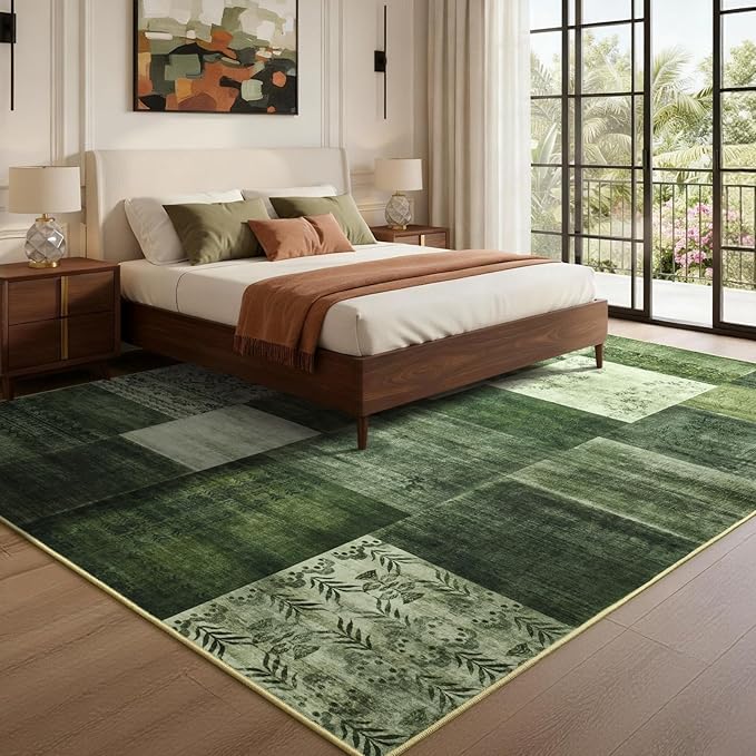 DweIke Large Modern Washable Area Rugs 8x10, Living Room Rug Non-Slip and Non-Shedding Large Rugs for Bedroom, Low Pile Indoor Rubber Backed Carpets for Dining Office Home Decor, Green
