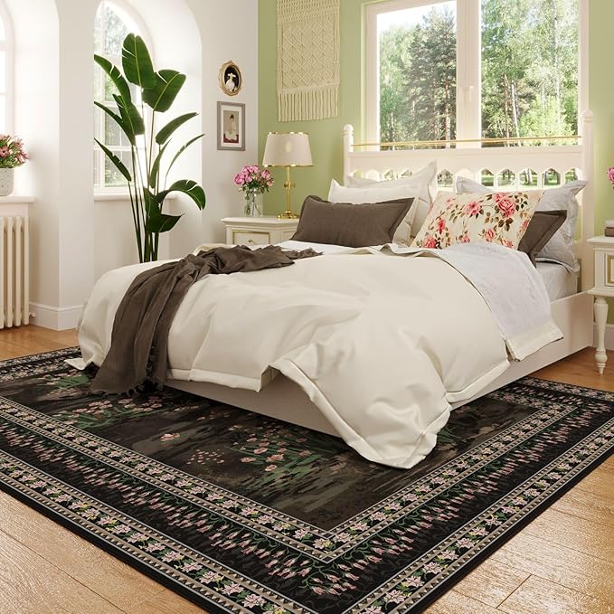 Rugcomf 5x7 Area Rugs Impressionist-Style Vintage Washable Area Rug Non Slip Low Pile Large Rugs for Living Room Bedroom Farmhouse Dining Room Kids Playroom, Black
