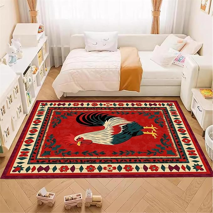 Vintage Rooster Area Rug,4x6ft,Beautiful Floral Border Country Style Rooster Rug，Colorful Retro Home Decoration Rugs，Washable Carpet for Living Room Bedroom Kitchen Farmhouse Office