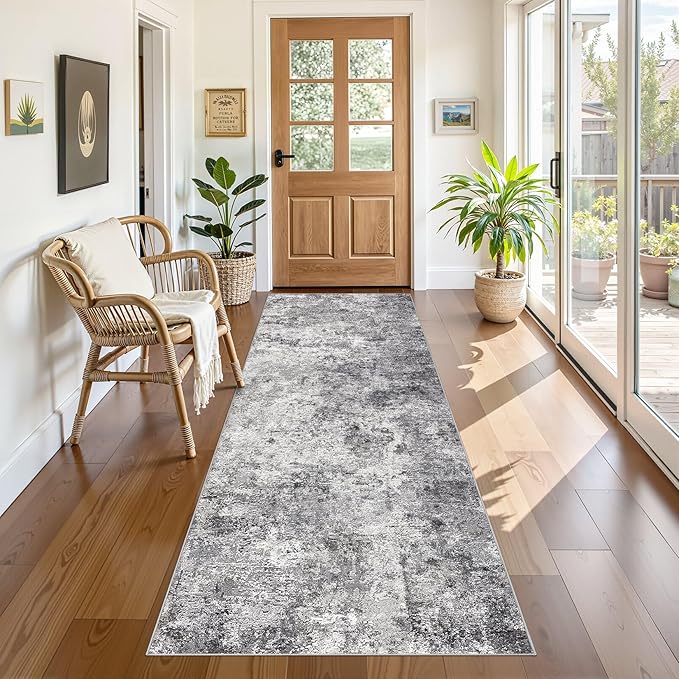 3X8 Washable Runner Rug for Hallway: Soft Neutral Modern Abstract Area Rug - Non-Slip Low Pile Long Throw Indoor Carpet for Kitchen Entryway Kitchen Bedroom Laundry Bathroom - Grey