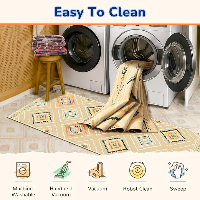 Area Rug 5x7 Rug Machine Washable Non-Slip Low Pile Print Pattern Western Rug for Living Room Bedroom Entryway Tribal Series -Cream/Beige