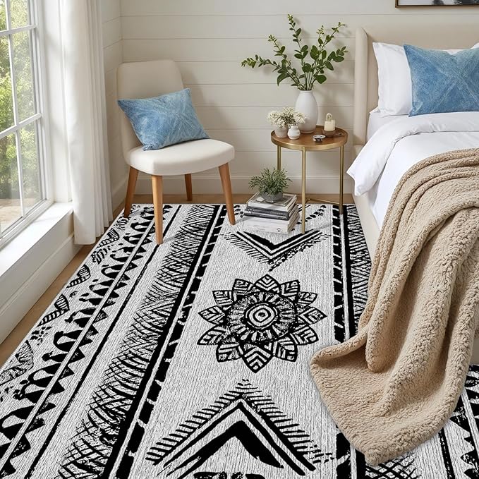 Area Rugs Moroccan for Living Room 6x8, Washable Non-Slip Boho Rug, Neutral Farmhouse Soft Carpet for Bedroom, Kitchen, Dining Room, Entryway, Geometric Print Tribal Carpets, Black and White