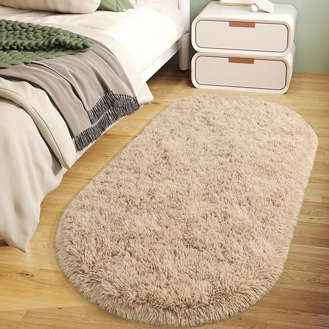 Soft Fluffy Area Rug for Bedroom, Fuzzy Shaggy Oval Throw Rugs for Bedside, Non-Slip Cozy Plush Shag Carpet for Kids Room Nursery Dorm Living Room, Beige, 2.6 x 5.3 Feet, 2 Packs