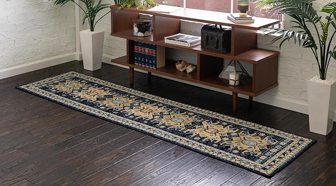 Unique Loom Taftan Collection Border Geometric Tribal Inspired Design Area Rug (3' 0 x 16' 5 Runner, Navy Blue/ Gold)