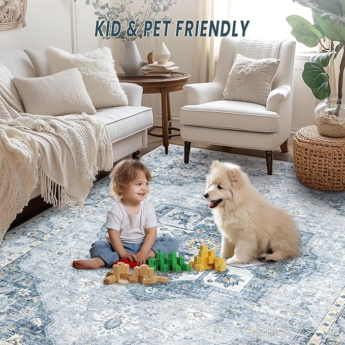 5x7 Area Rugs Washable Rugs for Living Room, Vintage Boho Rug Non-Slip Soft Floral Distressed Rug Low Pile Stain Resistant Carpet for Bedroom Nursery Office Dining Room Farmhouse Dorm(Blue, 5'x7')