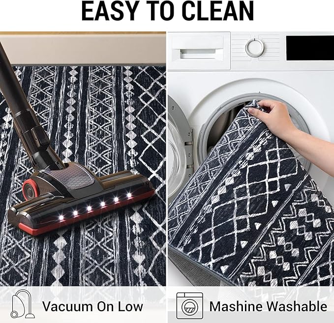 KUTA Bedroom Boho Rug 4x6 Black, Moroccan Washable Area Rugs Non Slip, Ultra Soft Print Distressed Geometric Low-Pile Entry Throw Carpet for Bedroom Nursery Dorm Kitchen Decor