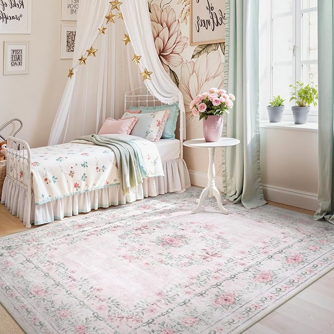 Wonnitar Floral Bow Pink Rug for Bedroom, Washable 5x7 Area Rug for Girls Nursery, Ultra-Thin Non Slip Soft Boho Carpet for Kids Room Dorm Living Room, Light Pink