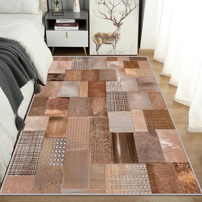 Patchwork Rug, Washable 6x9 Rug for Living Room, Geometric Brown Patterned Indoor Carpet, Patchwork Decor for Home, Bedroom, Soft Non Slip Thin Design FER11