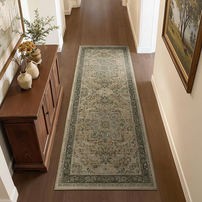 Vintage Medallion 2x5 Runner Rugs for Hallways Non Slip Machine Washable, Low Pile Lightweight Carpet Runner for Entryway/Kitchen/Bathroom/Corridor/Laundry Room, Multi Brown/Green