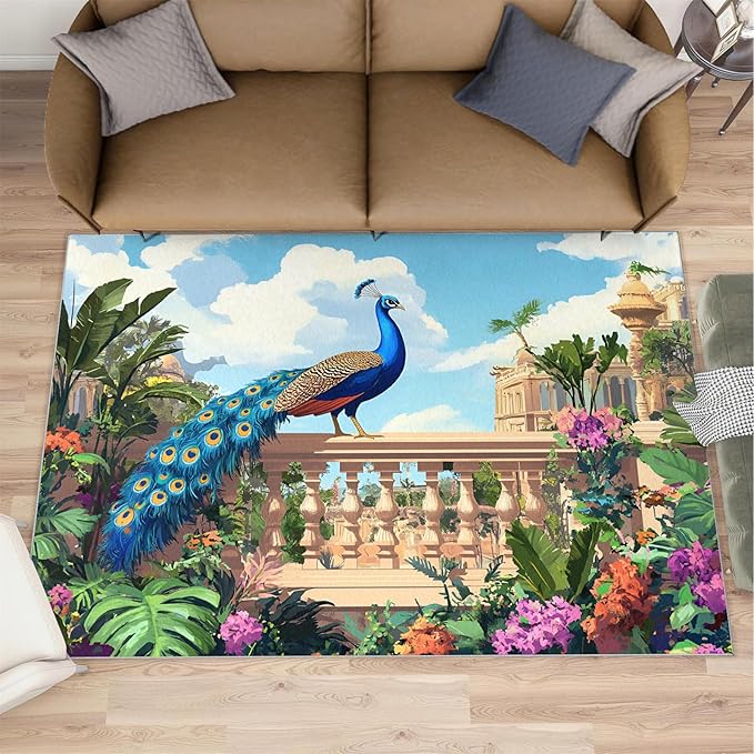 Peacock Rugs for Living Room - 5x7 Rug, Tropical Palm Leaves Area Rugs for Bedroom, Peacock Decor Rug, Floral Animal Washable Carpet, Peafowl Carpet - Peafowl Home Decor & Gifts