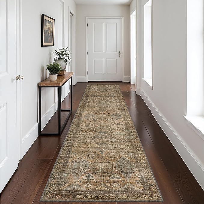 Bavni Runner Rug 3x7 Kitchen Rugs for Hallways Entryway, Washable Vintage Print Carpet, Ultra-Thin Chenille Low Pile Lightweight Rug with Non Slip Backing, Warm Taupe