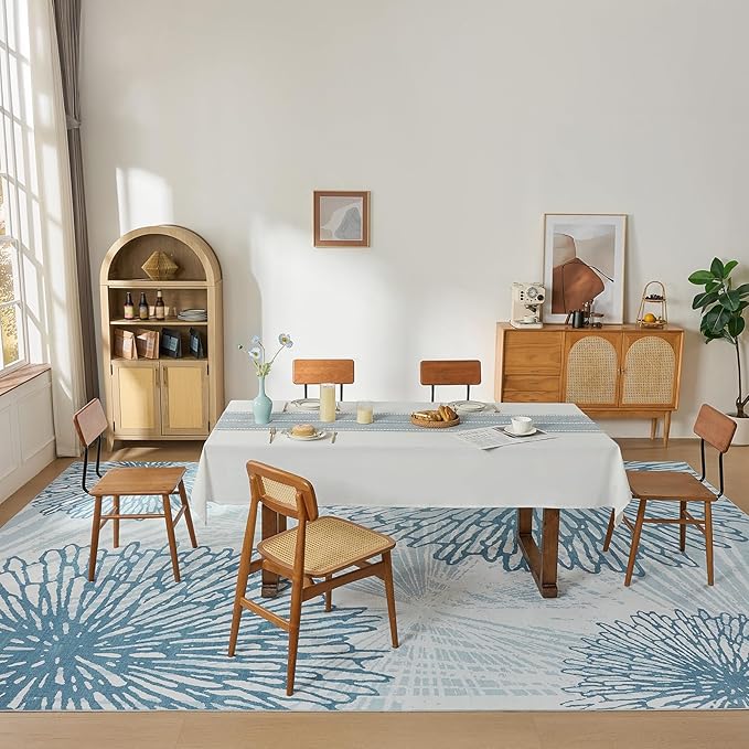 WITSHOCK 10x14 Washable Rug for Living Room,Modern Floral Distress Print Pattern Area Rugs,Stain Resistant with Non Slip Backing Carpet for Dining Room,Bedroom & Home Decor,Blue/Light Blue