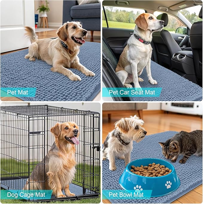 OLANLY Dog Door Mat for Muddy Paws 44x32, Absorbs Moisture and Dirt, Absorbent Non-Slip Washable Doormat, Quick Dry Chenille Mud Mat for Dogs, Entry Indoor Entryway Carpet for Inside Floor, Airy Blue