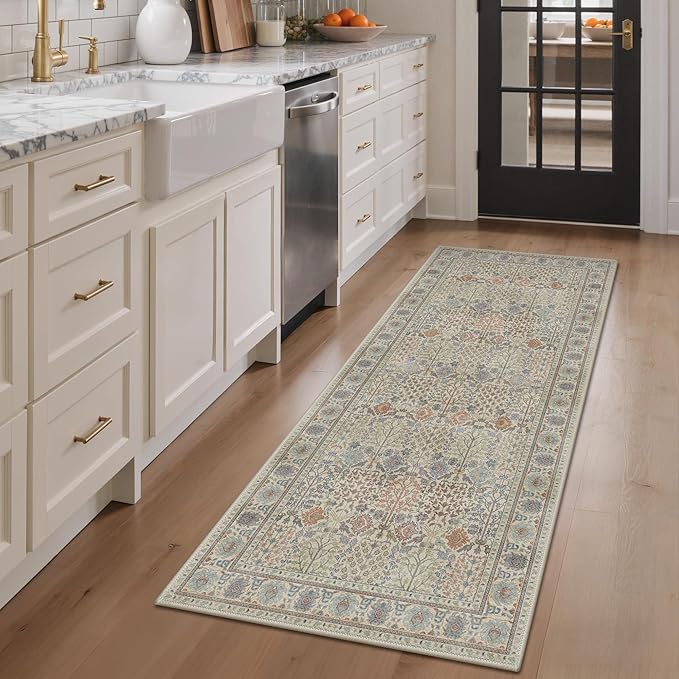 Bavni 2'6''x6 Rug Runners for Hallways, Washable Runner Rug Non Slip, Vintage Floral Print Style Rugs for Bedroom-Lightweight Low Pile Carpet for Hallways Bathroom, Earth Yellow