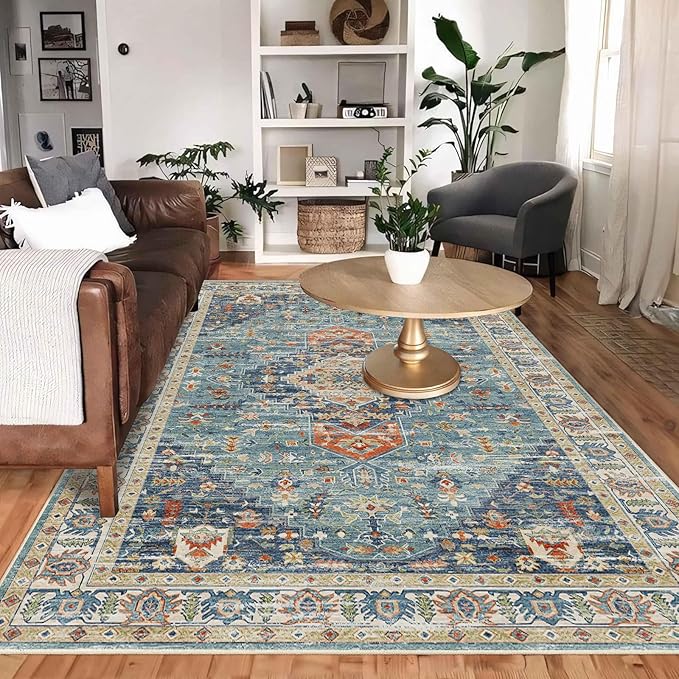 Enkor Area Soft Rugs 5x7 Washable Non Slip Boho Floor Rugs for Living Room Bedroom, Vintage Style Farmhouse Mat for Kitchen Entryway Green & Blue