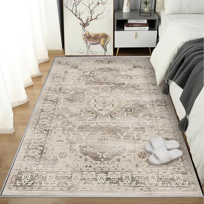 Washable Area Rugs for Living Room 4’x6’ Non Slip Low Pile Area Rugs for Bedroom Foldable Vintage Carpets