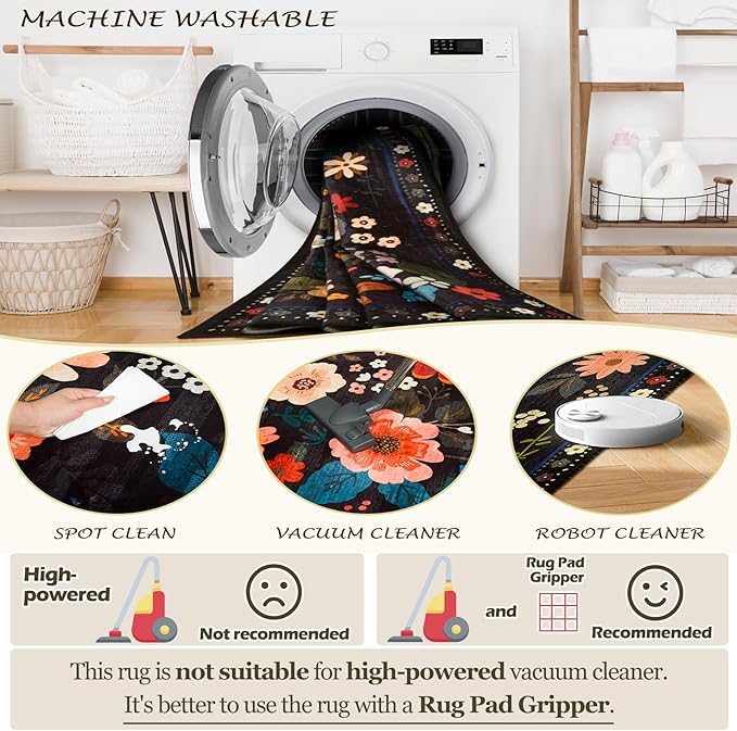 Floral 4x6 Area Rug Machine Washable Soft Print Boho Carpet Non Slip Doormat Low Pile Flower Area Rugs for Living Room Bedroom Nursery Kitchen Dining Room Indoor-Black