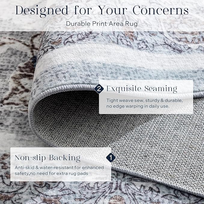Phantoscope Washable Runner Rug 2'x6' Non-Slip, Vintage Neutral Hallway Rugs for Entryway, Stair, Bedroom, Distressed Boho Floral Medallion Pattern, Low-Pile Foldable Carpet, Light Grey/Neutral